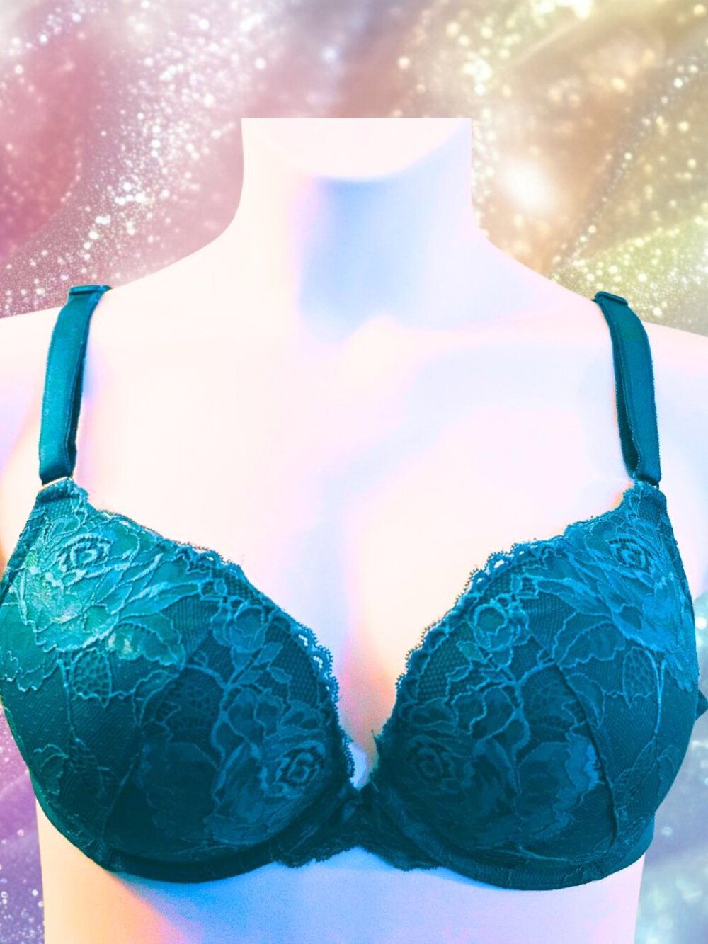 Torrid Curve 40C Teal Floral Lace Push Up Plunge Underwire Bra